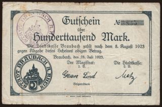 Braubach/ Stadt, 100.000 Mark, 1923