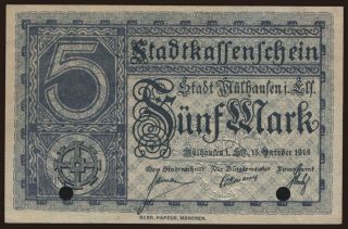 Mühlhausen/ Stadt, 5 Mark, 1918