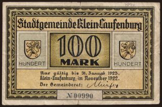 Klein-Laufenburg/ Stadtgemeinde, 100 Mark, 1922