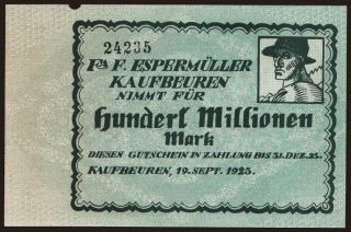 Kaufbeuren/ F. Espermüller, 100.000.000 Mark, 1923
