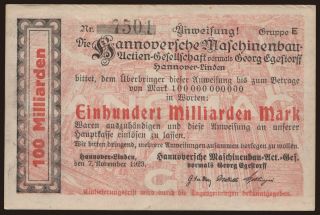 Hannover-Linden/ HANOMAG, 100.000.000.000 Mark, 1923