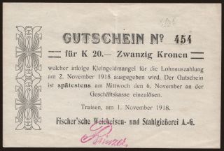 Traisen/ Fischer sche Weicheisen- und Stahlgiesserei A.-G., 20 Kronen, 1918