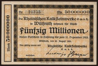 Wülfrath/ Rheinische Kalksteinwerke G.m.b.H., 50.000.000 Mark, 1923