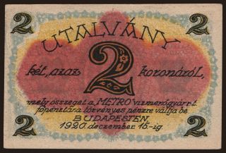 Budapest/ METRO vízmérőgyár RT., 2 korona, 1920