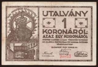 Budapest/ Ganz törzsgyár, 1 korona, 1919