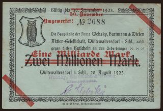 Wüstewaltersdorf/ Websky, Hartmann & Wiesen A.G., 1.000.000 Mark, 1923