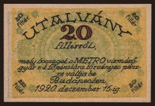 Budapest/ METRO vízmérőgyár RT., 20 fillér, 1920