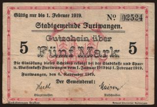 Furtwangen/ Stadt, 5 Mark, 1919