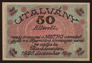 Budapest/ METRO vízmérőgyár RT., 50 fillér, 1920