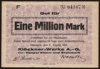 Haspe/ Klöckner-Werke A.G. Abt. Hasper Eisen- u. Stahlwerk, 1.000.000 Mark, 1923