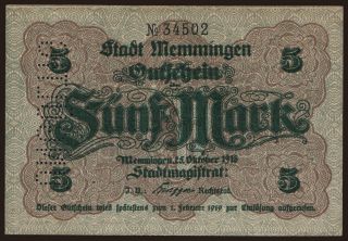 Memmingen/ Stadt, 5 Mark, 1918