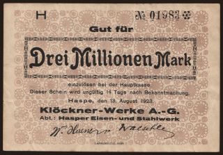 Haspe/ Klöckner-Werke A.G. Abt. Hasper Eisen- u. Stahlwerk, 3.000.000 Mark, 1923