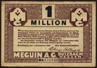 Butzbach/ Meguin A.-G., 1.000.000 Mark, 1923
