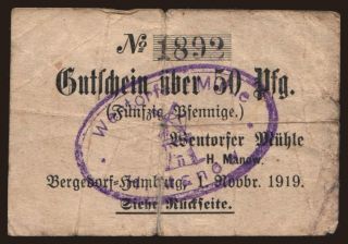 Bergedorf/ Wentorfer Mühle H. Manow, 50 Pfennig, 1920