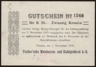 Traisen/ Fischer sche Weicheisen- und Stahlgiesserei A.-G., 20 Kronen, 1918