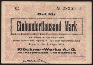 Haspe/ Klöckner-Werke A.G. Abt. Hasper Eisen- u. Stahlwerk, 100.000 Mark, 1923