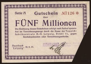 Auerbach/ Auerbacher Teppich-Fabrik, 5.000.000 Mark, 1923