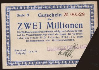 Auerbach/ Auerbacher Teppich-Fabrik, 2.000.000 Mark, 1923
