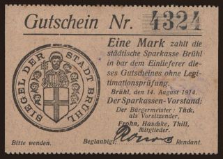 Brühl/ Städtische Sparkasse, 1 Mark, 1914