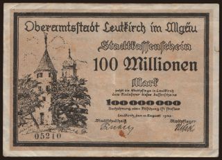 Leutkirch/ Oberamtsstadt, 100.000.000 Mark, 1923