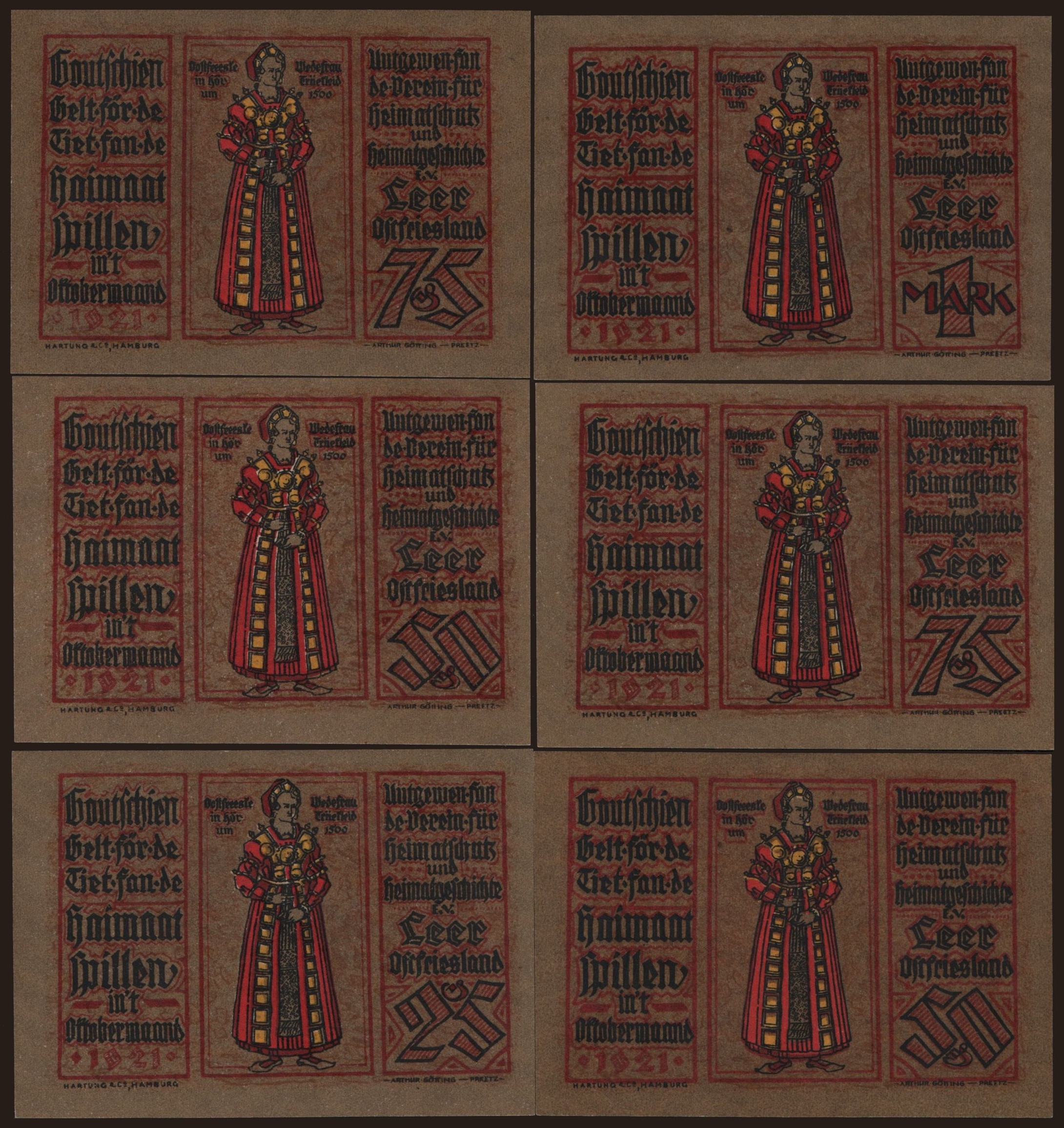Leer, 6x 25 Pfennig - 1 Mark, 1921