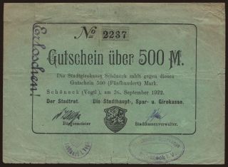 Schöneck/ Stadt, 500 Mark, 1922