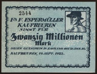Kaufbeuren/ F. Espermüller, 20.000.000 Mark, 1923