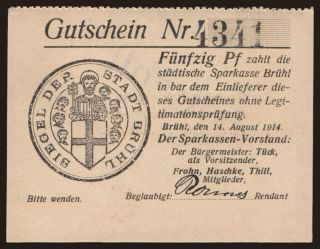Brühl/ Städtische Sparkasse, 50 Pfennig, 1914