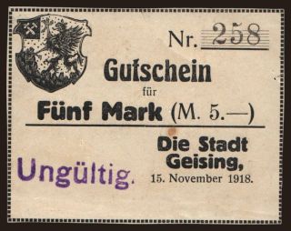 Geising/ Stadt, 5 Mark, 1918