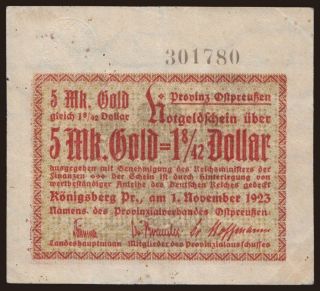 Königsberg/ Provinzialverband Ostpreussen, 5 Mark Gold, 1923