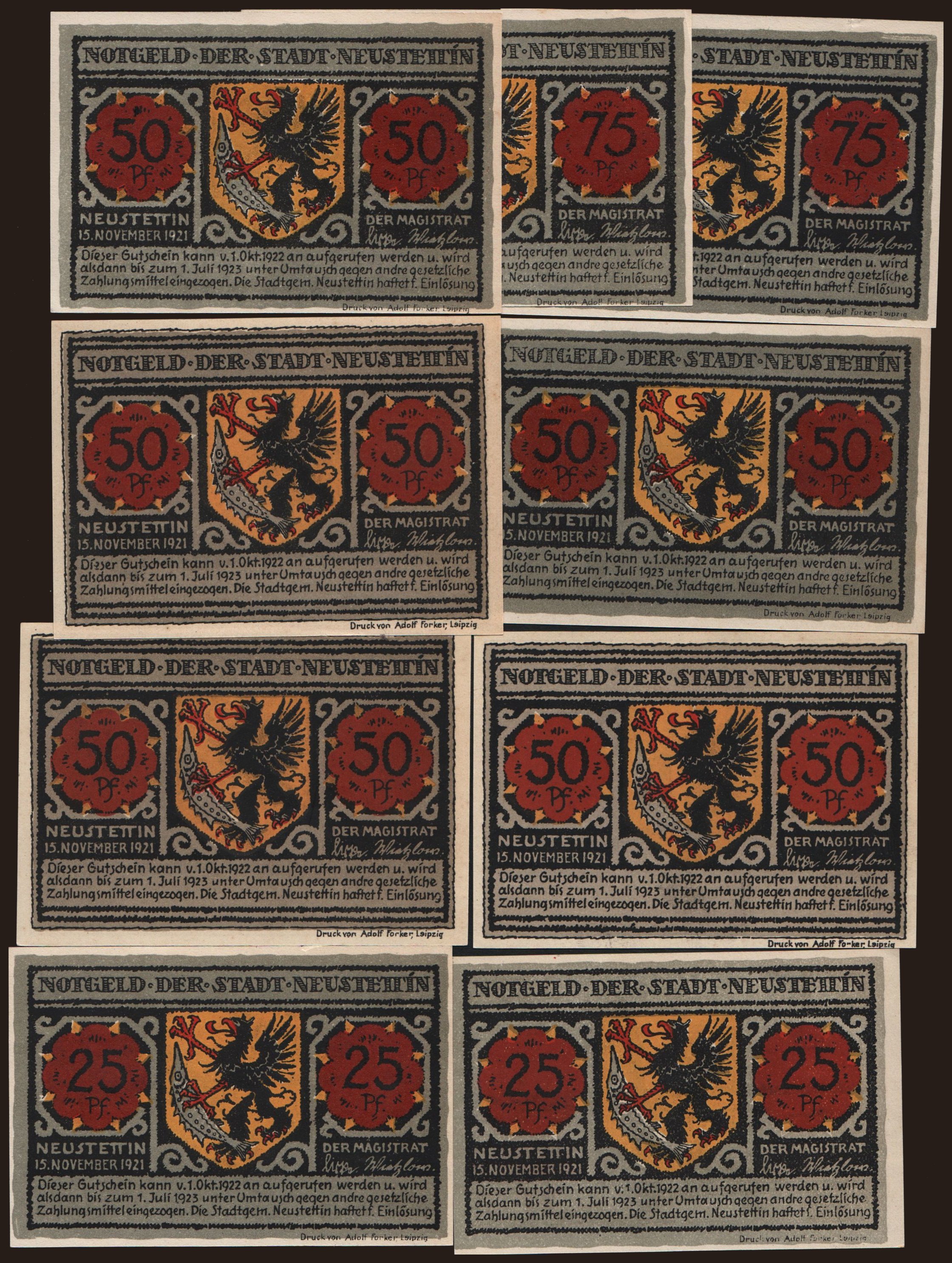 Neustettin, 9x 25 - 75 Pfennig, 1922
