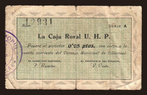 Villareal/ Caja rural U.H.P., 0,25 pesetas, 1937