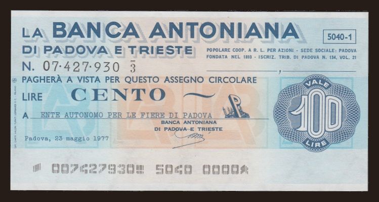 Banca Antoniana, 100 lire, 1977