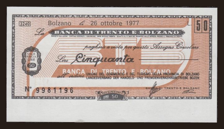 Banca di Trento e Bolzano, 50 lire, 1977
