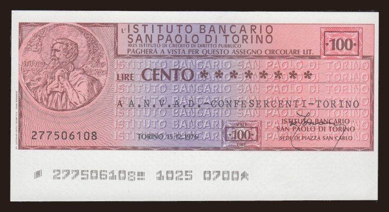 Istituto San Paolo di Torino, 100 lire, 1976