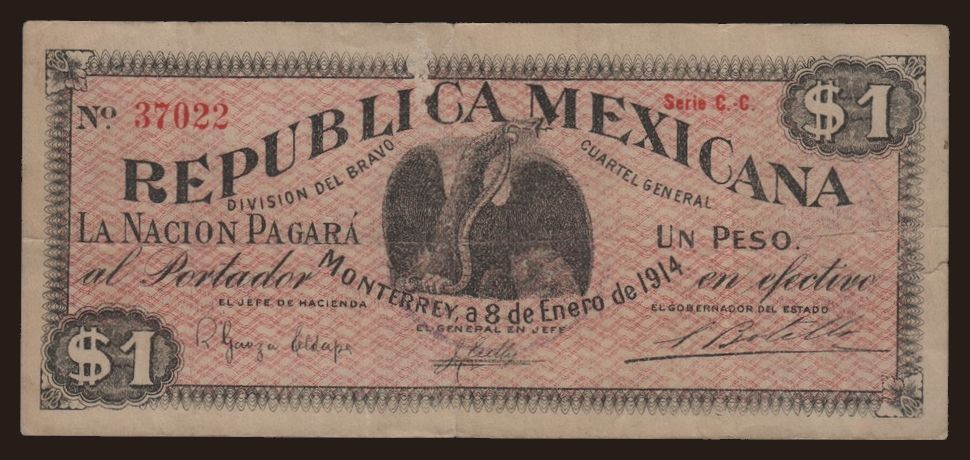 Monterrey/ Division del Bravo, 1 peso, 1914