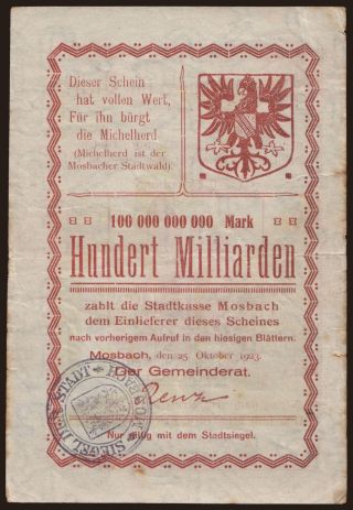 Mosbach/ Stadt, 100.000.000 Mark, 1923