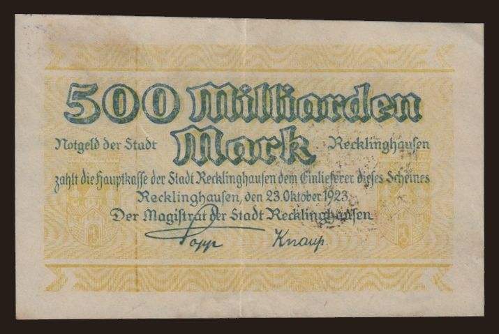 Recklinghausen/ Magistrat, 500.000.000.000 Mark, 1923
