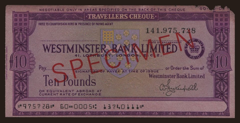 Travellers cheque, Westminster Bank Limited, 10 pounds, specimen