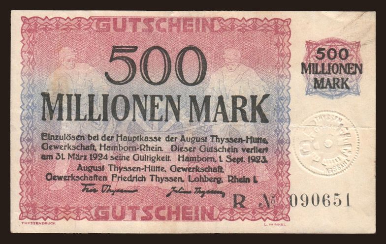 Hamborn/ August Thyssen Hütte, 500.000.000 Mark, 1923