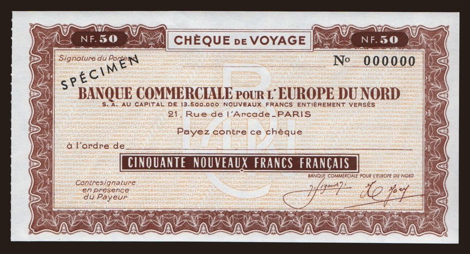 Travellers cheque, Banque Commerciale Europe Du Nord, 50 francs, specimen