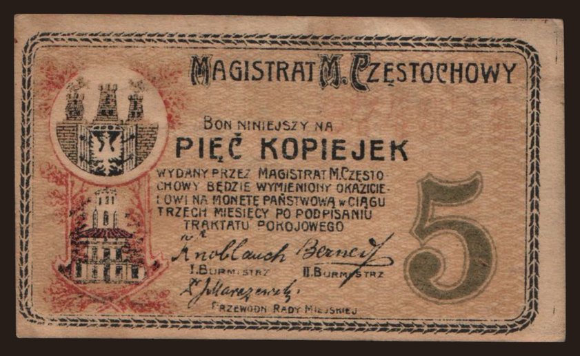 Czestochowa, 5 kopiejek, 1916