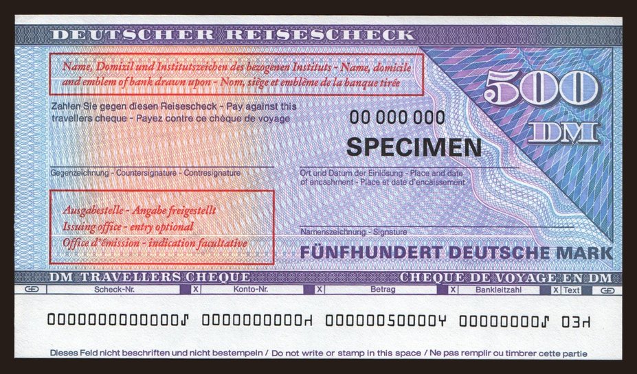 Travellers cheque, Deutscher Reisescheck, 500 Mark, specimen