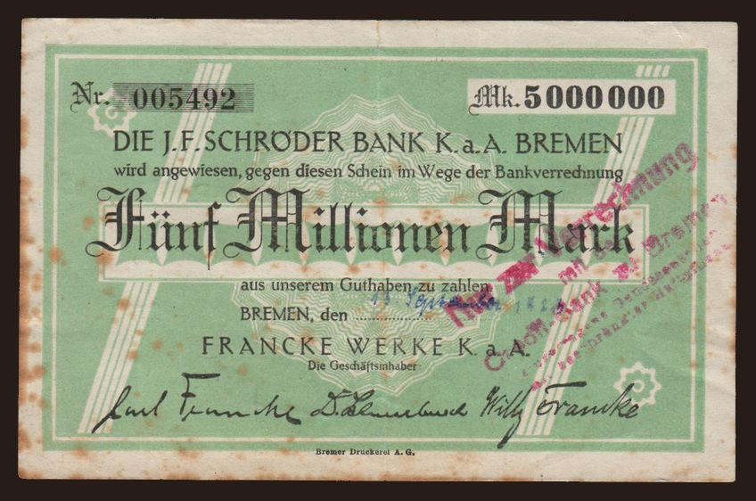Bremen/ Francke Werke K.a.A., 5.000.000 Mark, 1923