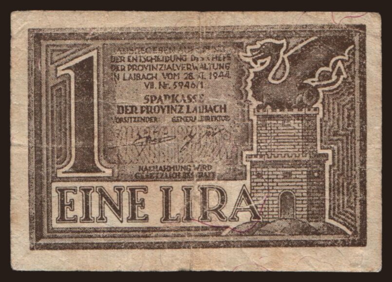 Laibach, 1 lira, 1944