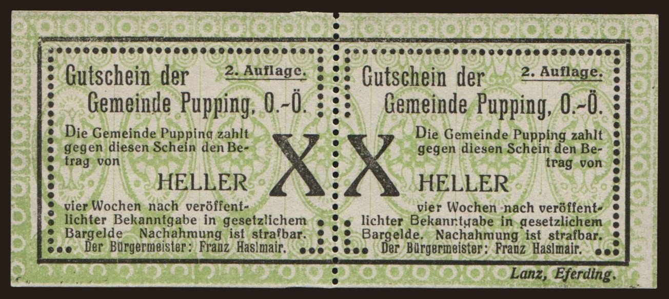 Pupping, 2x 10 Heller, 192?