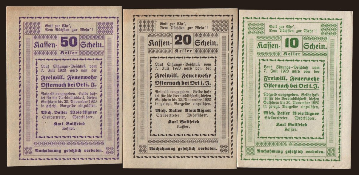 Osernach/ Freiwillige Feuerwehr, 10, 20, 50 Heller, 1920