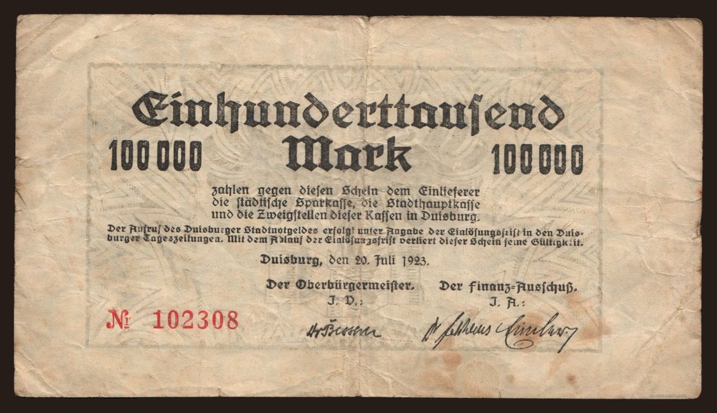 Duisburg/ Stadt, 100.000 Mark, 1923