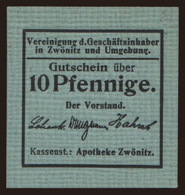 Zwönitz/ Apotheke Zwönitz, 10 Pfennig, 1918