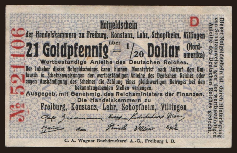 Freiburg/ Handelskammern zu Freiburg, Konstanz, Lahr etc., 21 Goldpfennig, 1923